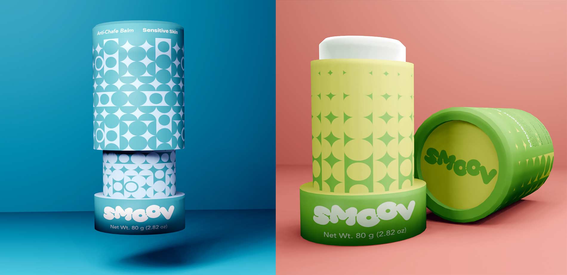Product shot of Smoov anti-chafe scent-free and senstive skin sticks with lids off.